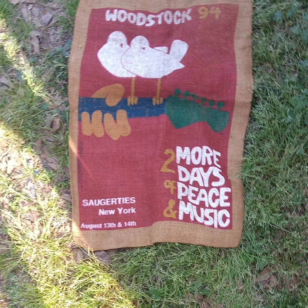 Vintage Woodstock 94 Red Burlap Wall Hanging - Peace & Music Potato Sack